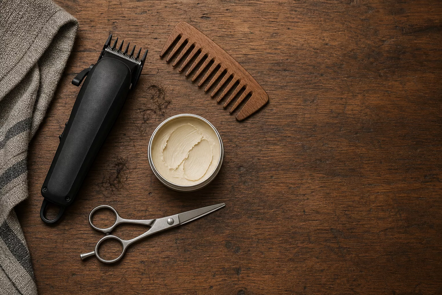 Friseur-Werkzeuge für Jungs-Haarschnitte als Flatlay auf Holztisch