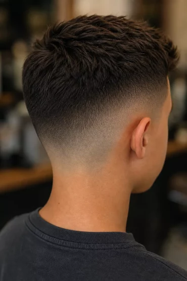 Textured Crop mit Fade als beliebter Jungs-Haarschnitt, Nahaufnahme
