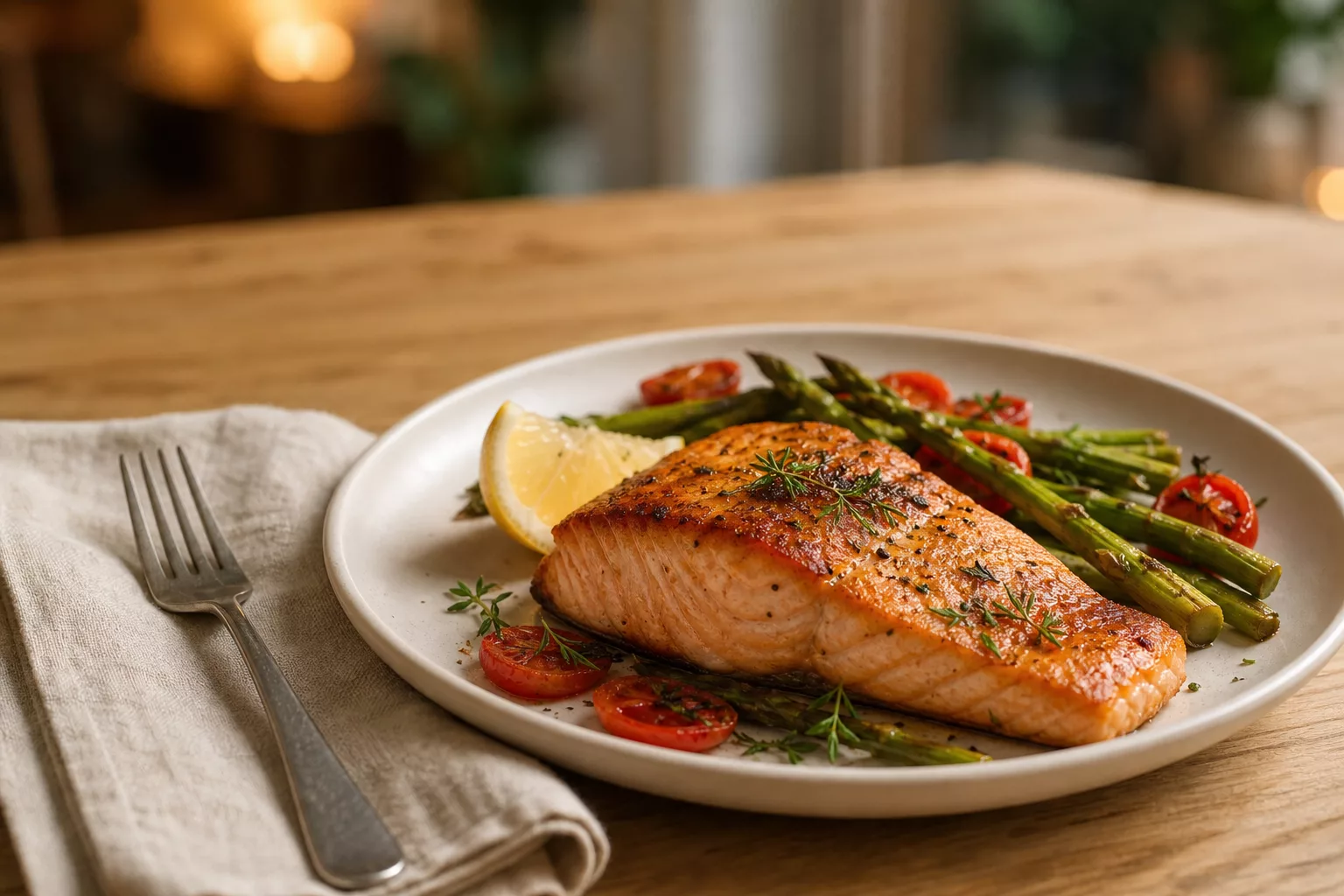 Gebackener Lachs mit Gemüse als eiweißreiches Abendessen
