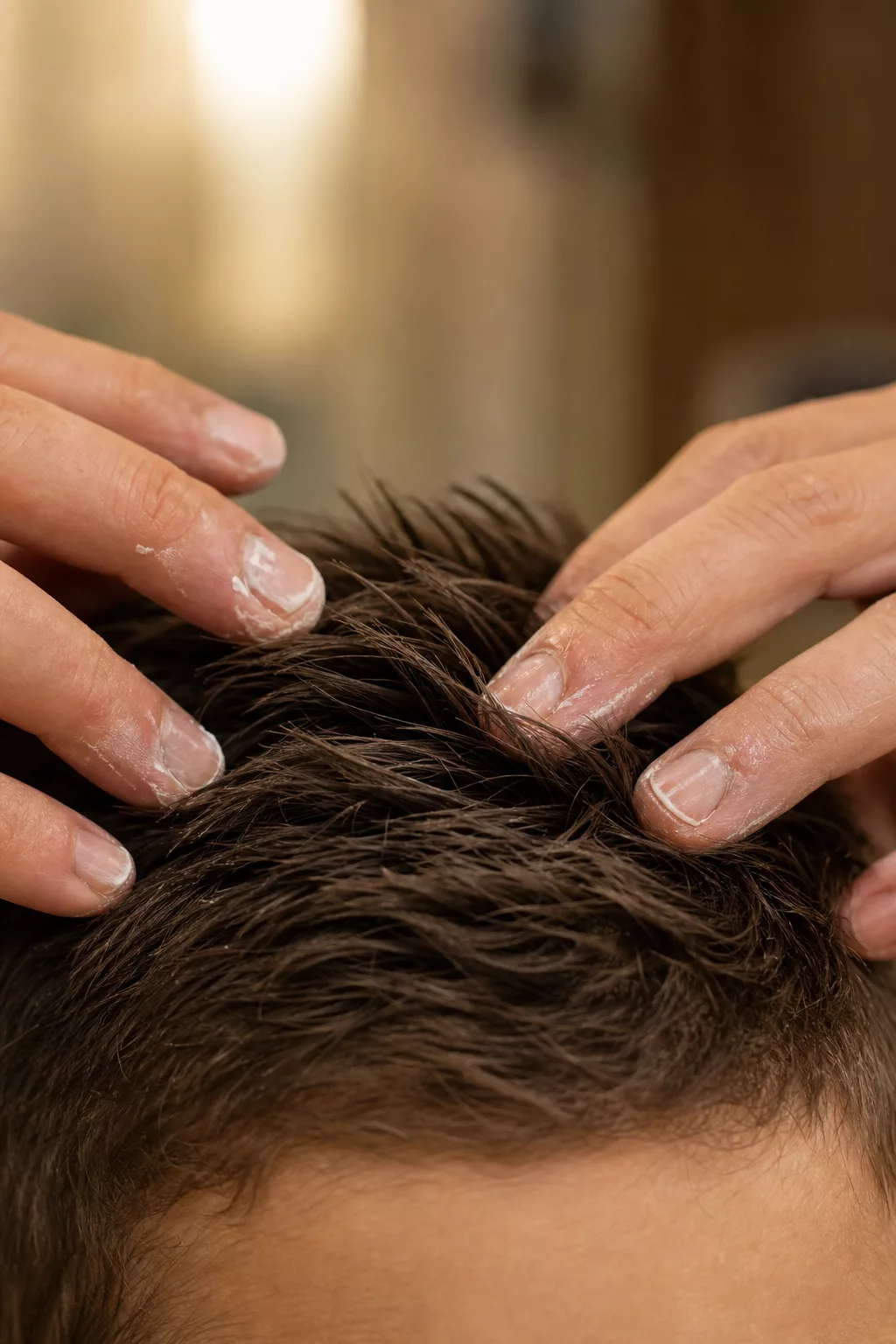 Hände stylen kurzes Jungs-Haar mit Pomade, Detailaufnahme