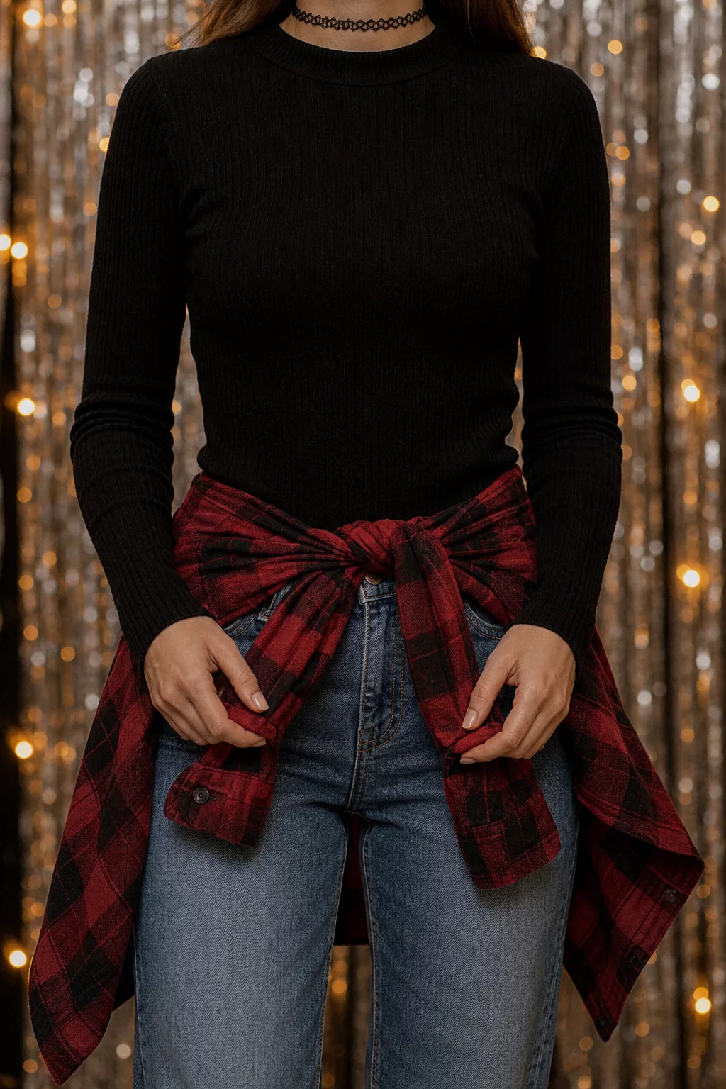 Grunge-Look mit Karohemd und Netzstrumpfhose für die 90er Party