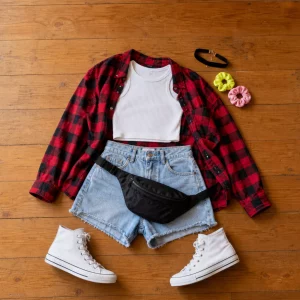 Komplettes 90er Party Outfit als Flatlay mit Accessoires