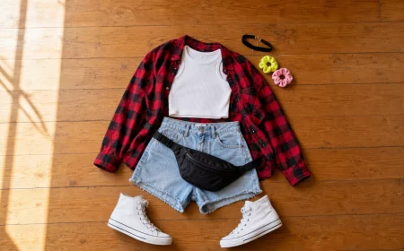 Komplettes 90er Party Outfit als Flatlay mit Accessoires