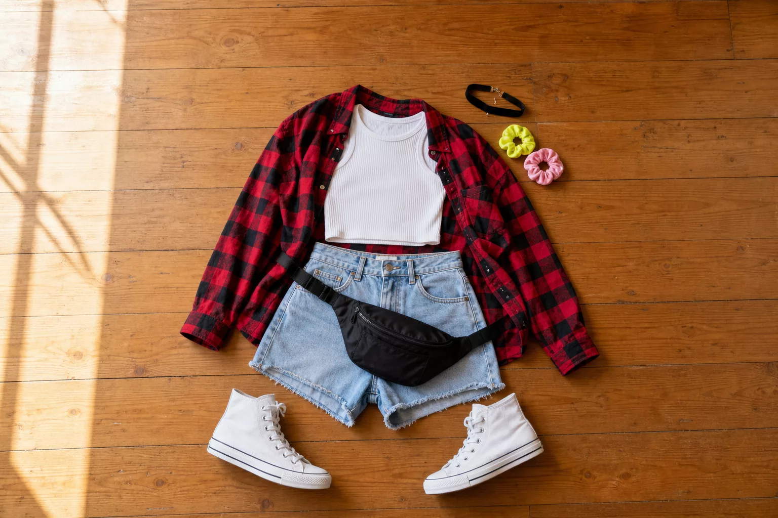 Komplettes 90er Party Outfit als Flatlay mit Accessoires