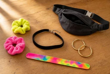 Typische 90er Accessoires wie Choker und Bauchtasche im Detail