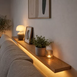 Schmale Ablage hinter dem Sofa mit warmer LED-Beleuchtung und Deko