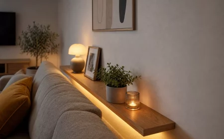 Schmale Ablage hinter dem Sofa mit warmer LED-Beleuchtung und Deko