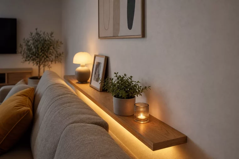 Schmale Ablage hinter dem Sofa mit warmer LED-Beleuchtung und Deko
