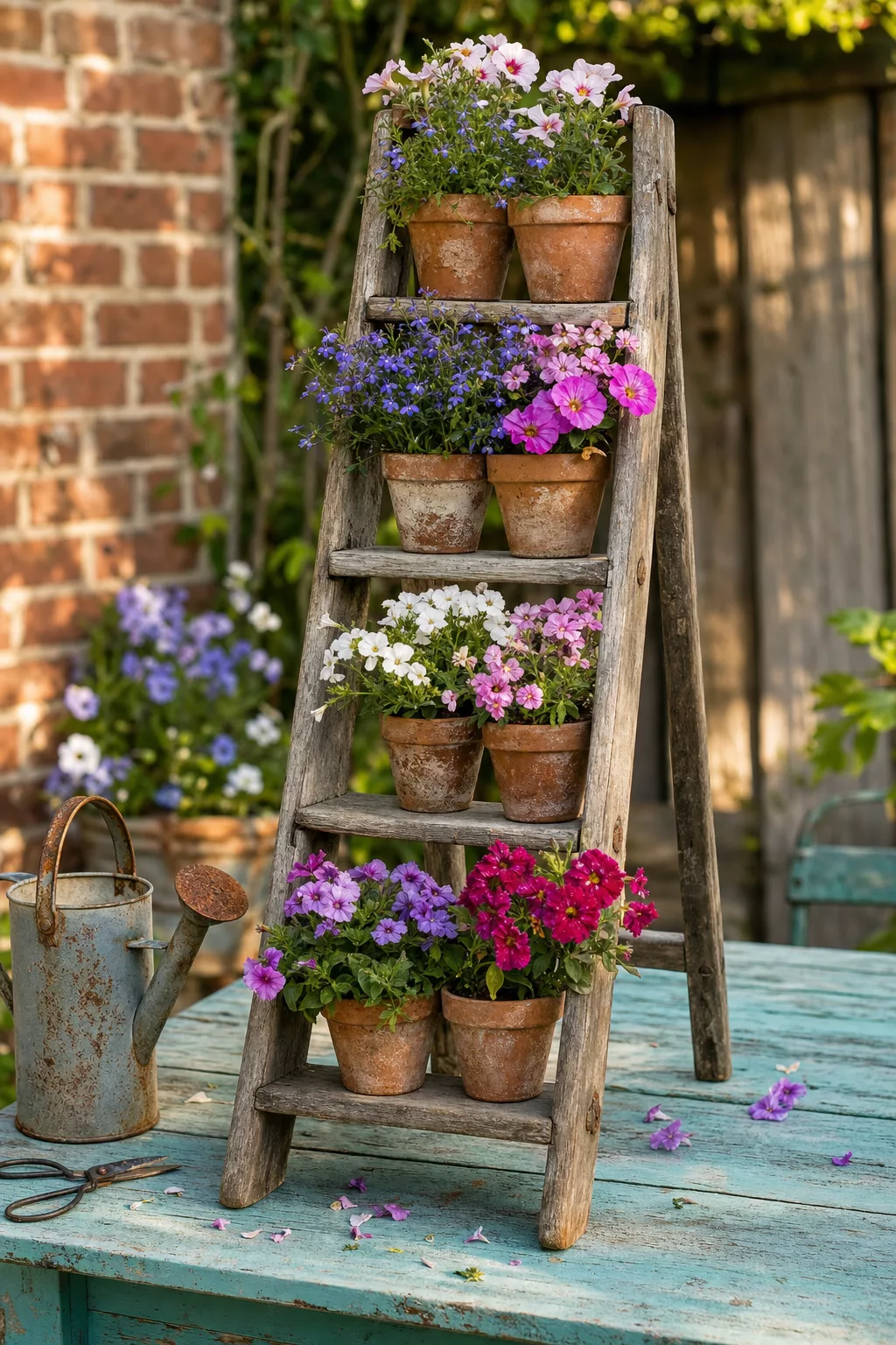 Alte Holzleiter als gestuftes Blumenregal mit Terrakotta-Töpfen