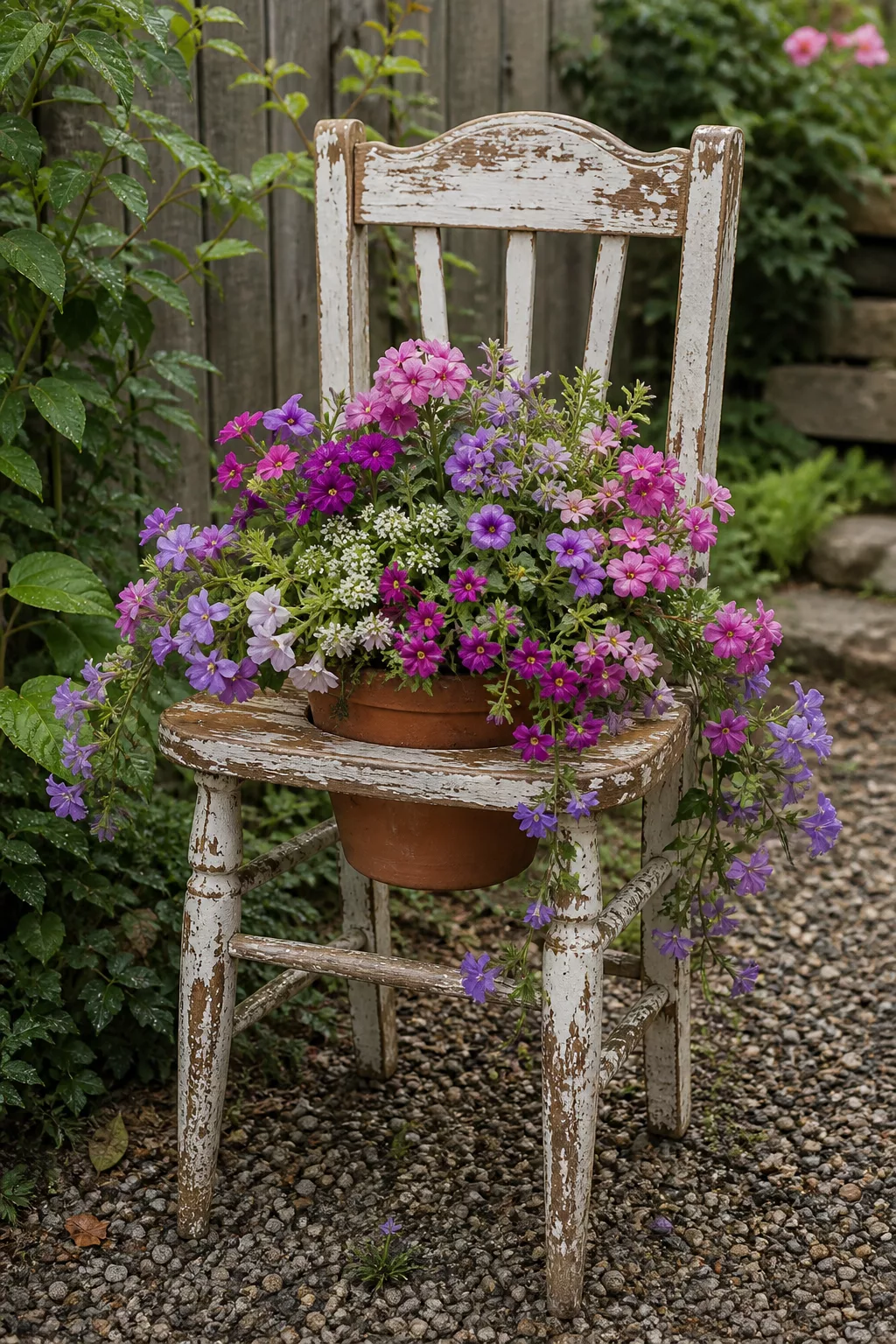 Alter Holzstuhl mit ausgesägtem Loch als Blumentopf-Halter