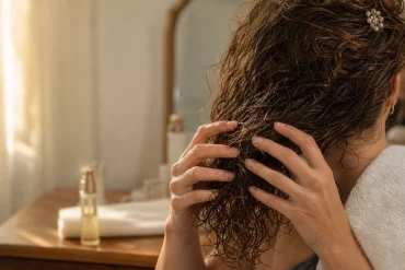 Anti-Frizz-Serum wird in feuchte Naturlocken einmassiert