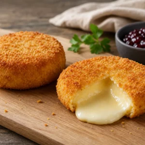 Aufgeschnittener Back-Camembert aus der Heißluftfritteuse mit goldener Kruste und cremigem Käsekern