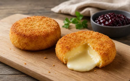Aufgeschnittener Back-Camembert aus der Heißluftfritteuse mit goldener Kruste und cremigem Käsekern
