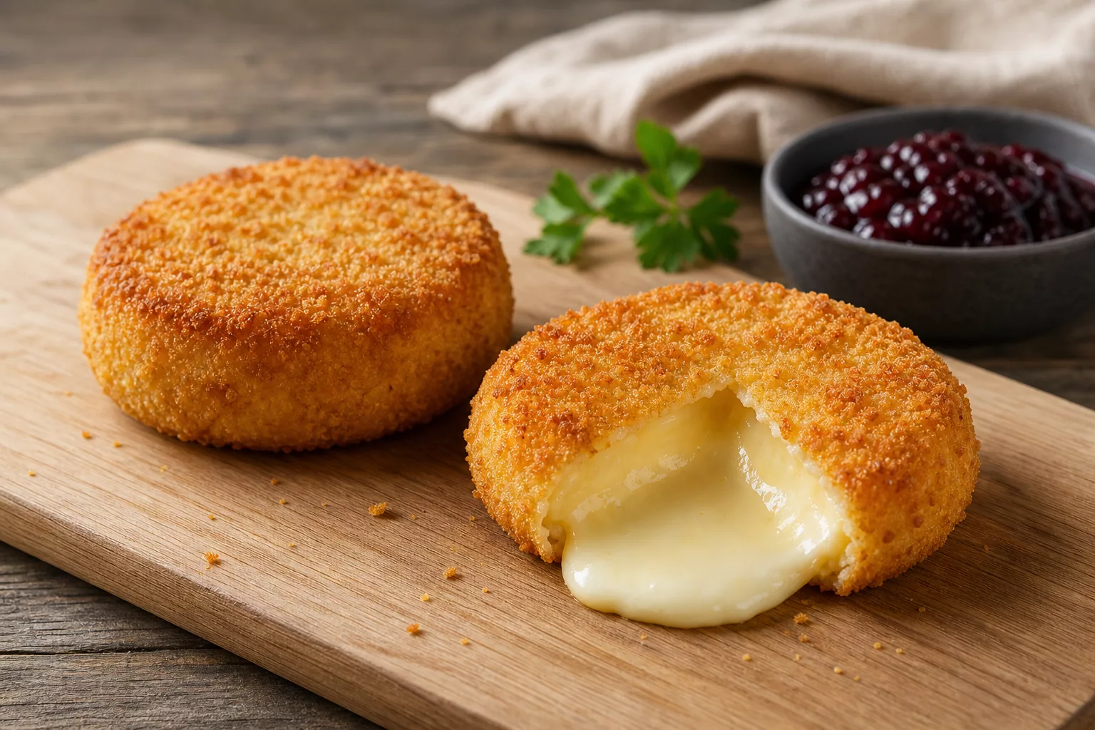 Aufgeschnittener Back-Camembert aus der Heißluftfritteuse mit goldener Kruste und cremigem Käsekern