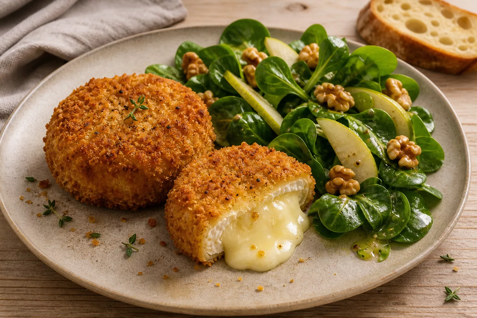 Back-Camembert serviert mit Feldsalat, Walnüssen und Birnenspalten auf einem Teller