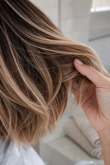 Balayage-Strähnen und texturierte Haarspitzen in Nahaufnahme