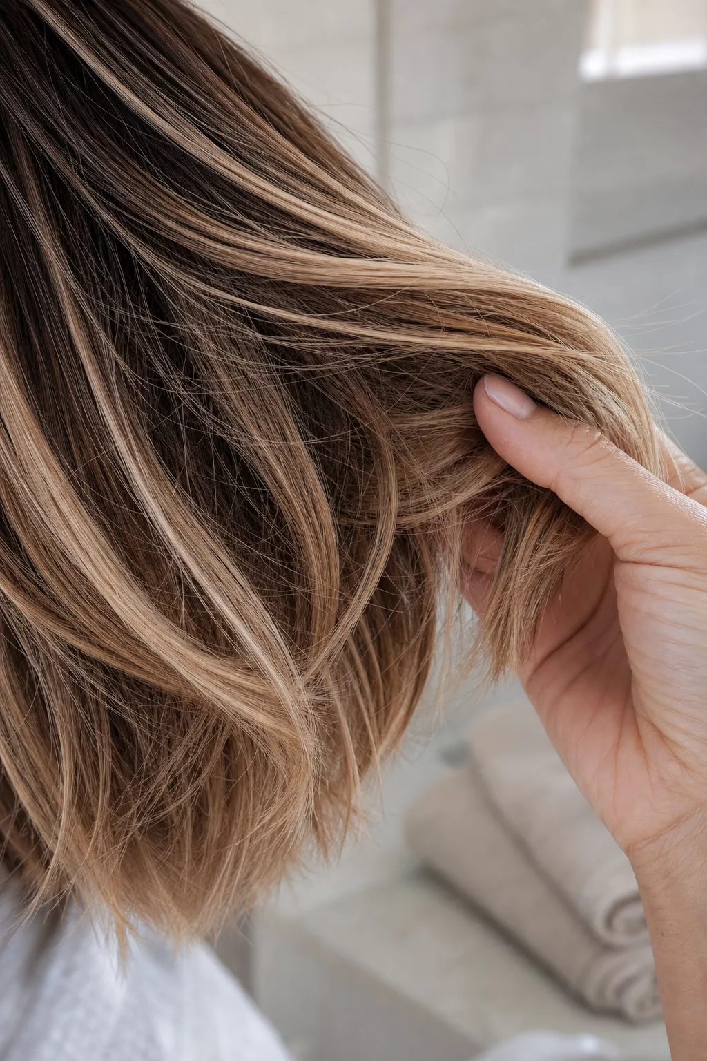 Balayage-Strähnen und texturierte Haarspitzen in Nahaufnahme