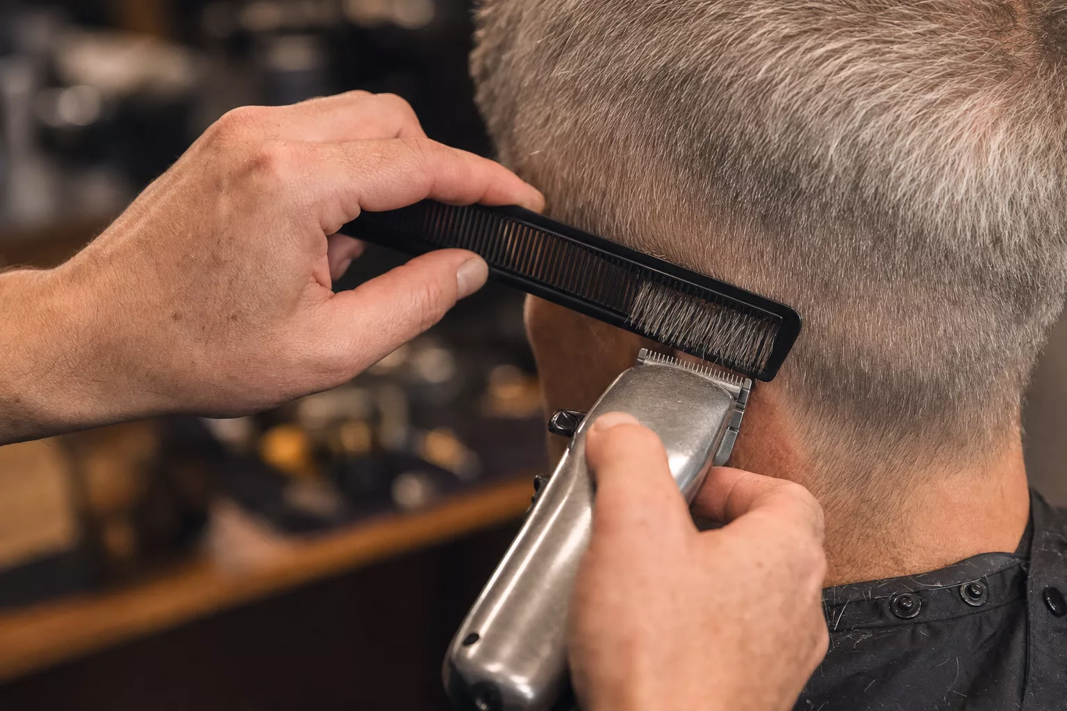 Barbier schneidet mit Kamm und Maschine graues Männerhaar