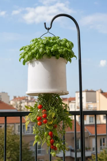 Basilikum und Tomaten am umgedrehten Eimer auf dem Balkon