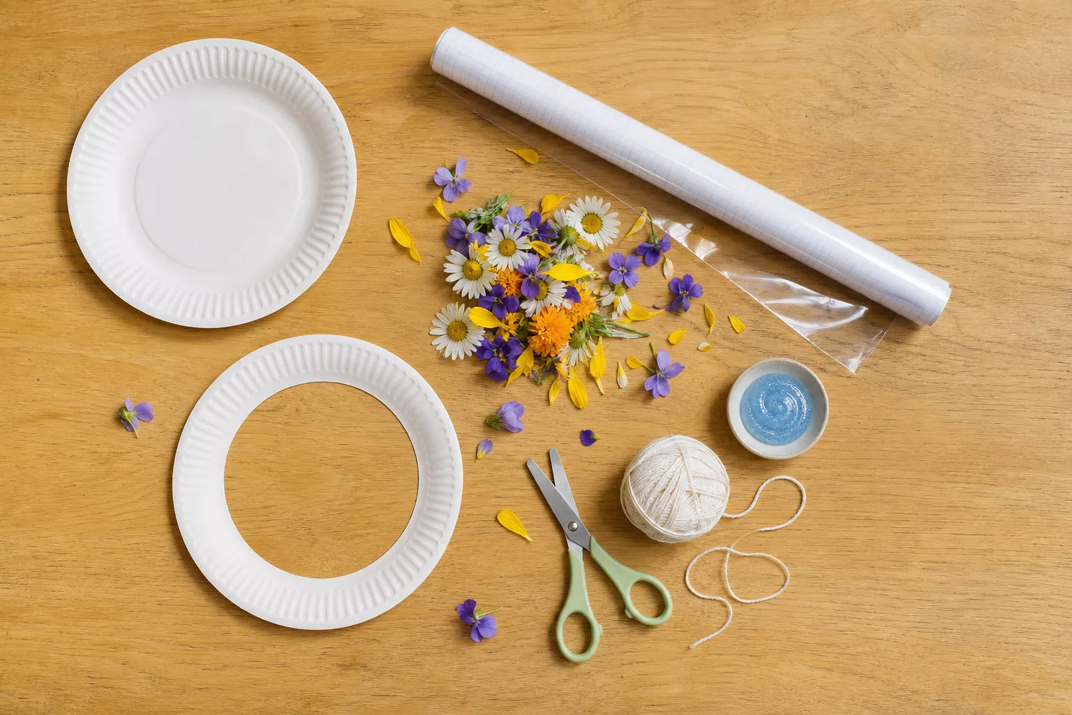 Bastelmaterial für Fensterbilder: Pappteller, Blüten und Schere