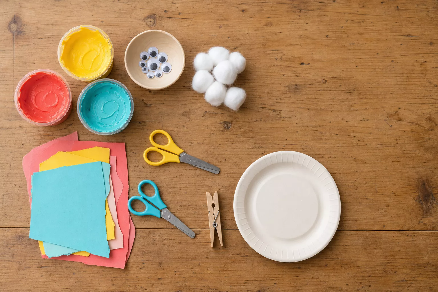Kindersicheres Bastelmaterial für Sommerprojekte übersichtlich sortiert