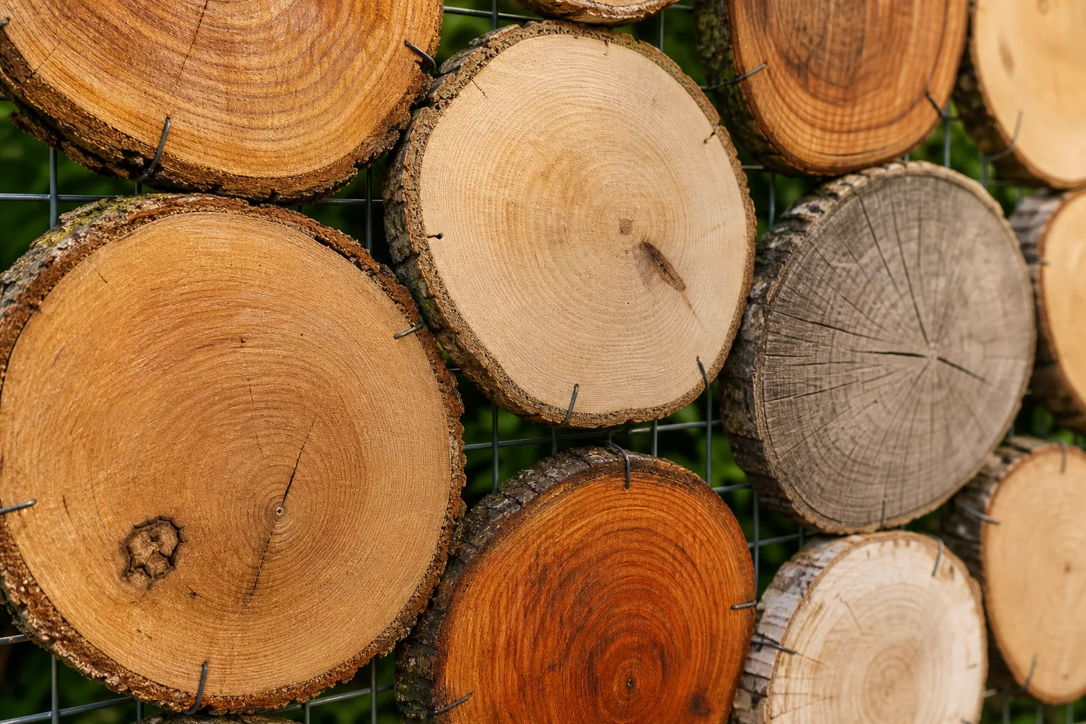 Baumscheiben in verschiedenen Holzarten und Jahresringmustern im Drahtgitter