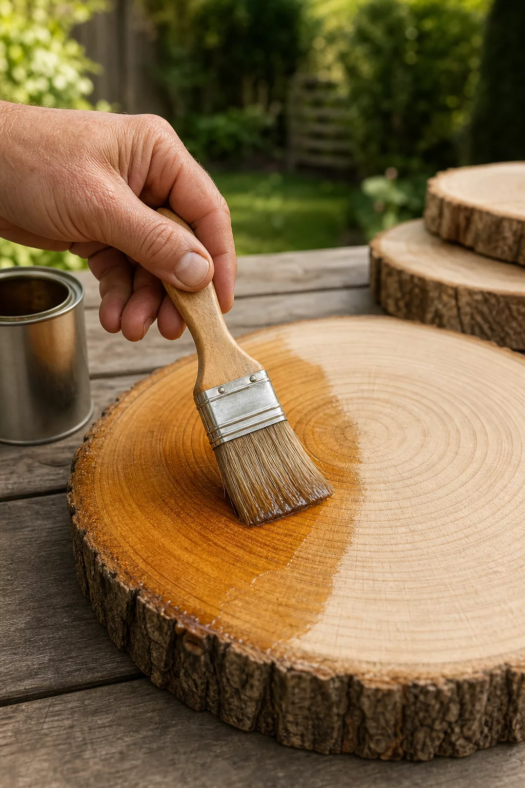 Hand trägt Holzschutzlasur auf eine frisch geschnittene Baumscheibe auf