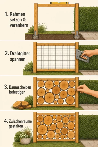 Vierteilige Schritt-Anleitung zum Bau des Baumscheiben-Sichtschutzes