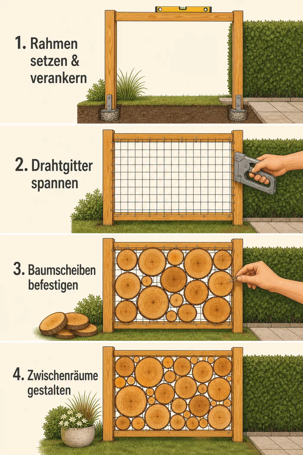 Vierteilige Schritt-Anleitung zum Bau des Baumscheiben-Sichtschutzes