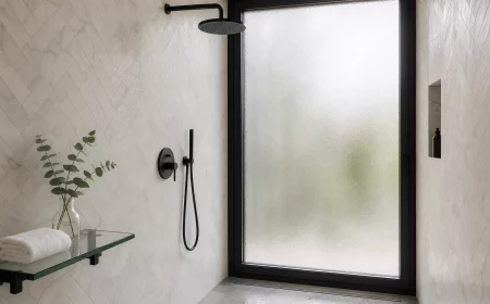 Begehbare Dusche vor Fenster mit Milchglas und schwarzem Rahmen
