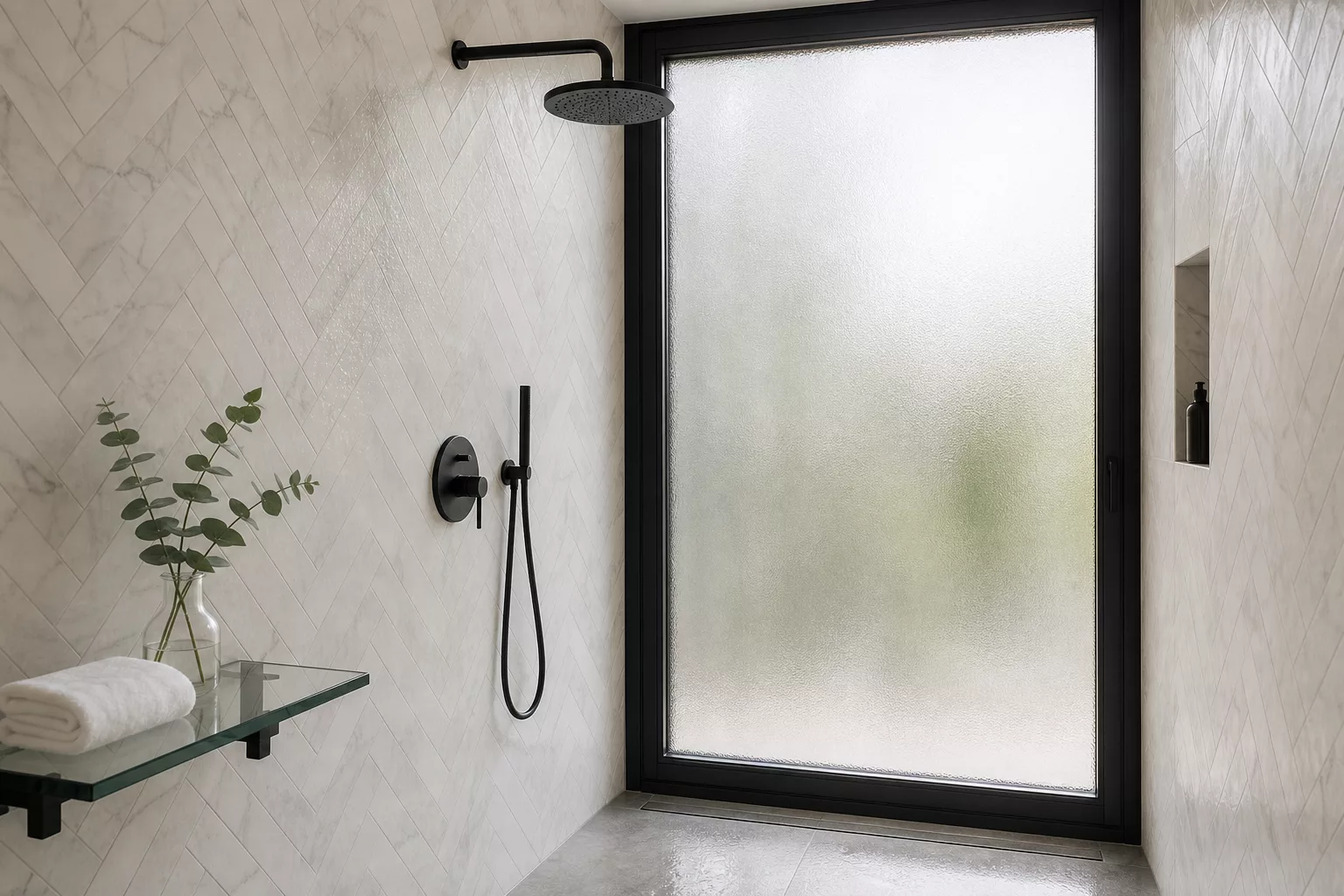 Begehbare Dusche vor Fenster mit Milchglas und schwarzem Rahmen