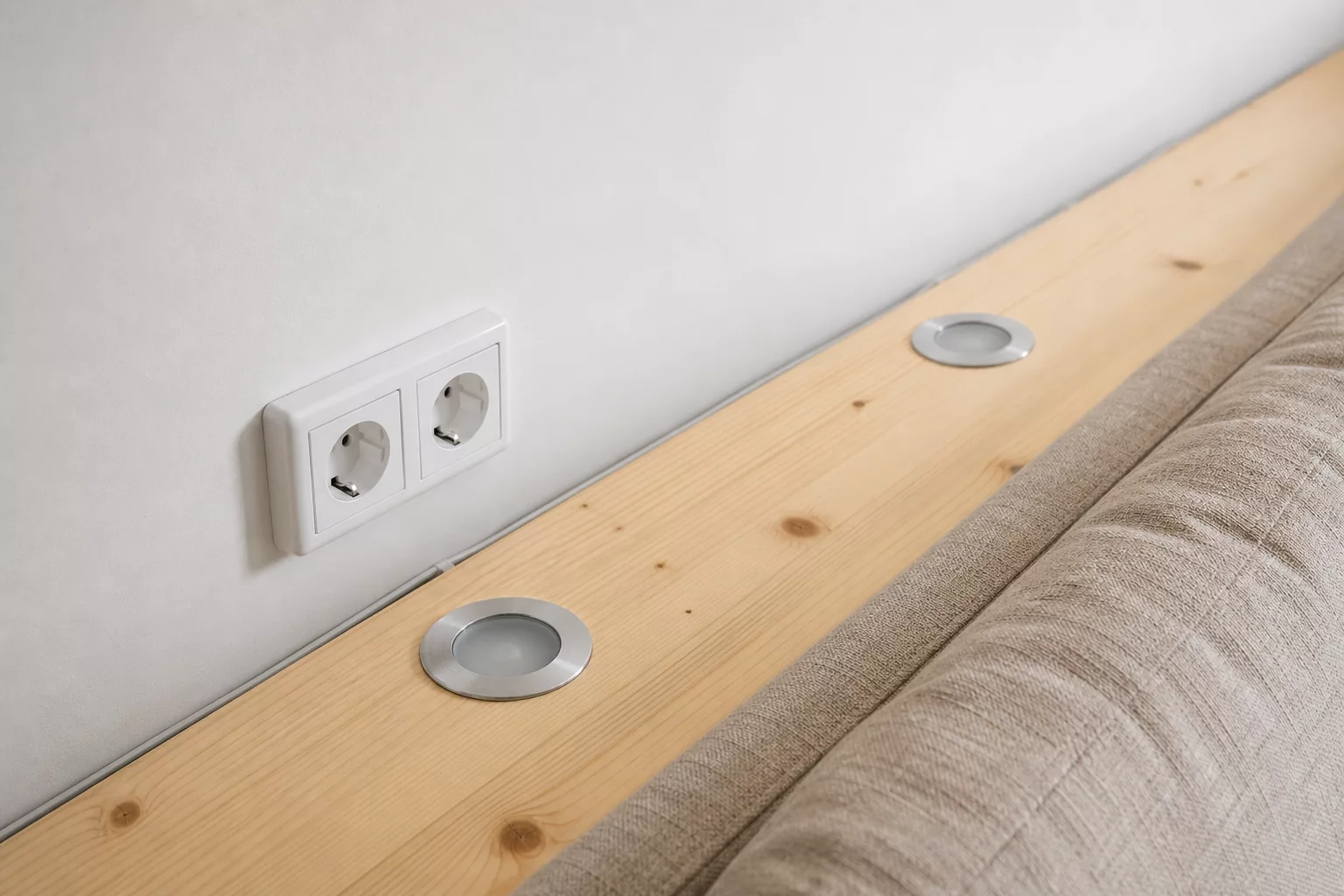 Planung von Steckdosen und Einbauleuchten in der Ablage hinter dem Sofa