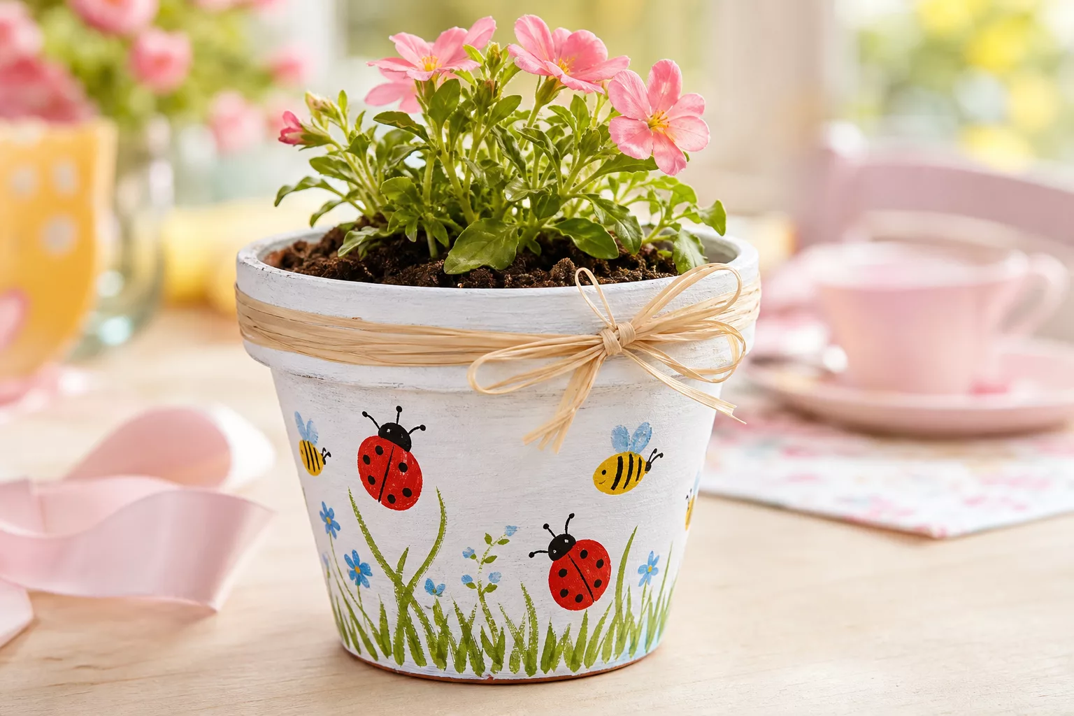 Bepflanzter Fingerabdruck-Blumentopf verschenkt mit Schleife zum Muttertag