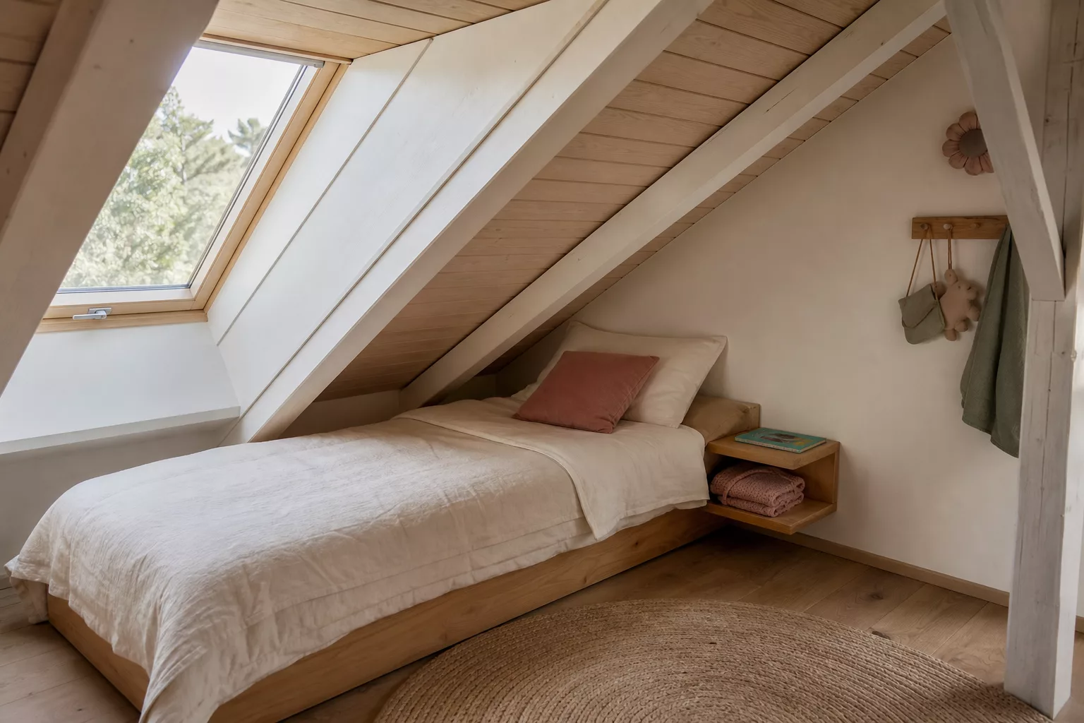 Gemütliches Bett unter der Dachschräge im Kinderzimmer