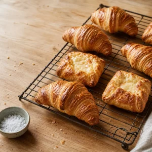 Frisch gebackenes Blätterteiggebäck auf einem Kühlgitter