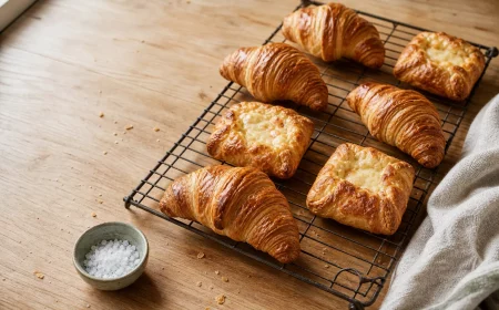 Frisch gebackenes Blätterteiggebäck auf einem Kühlgitter