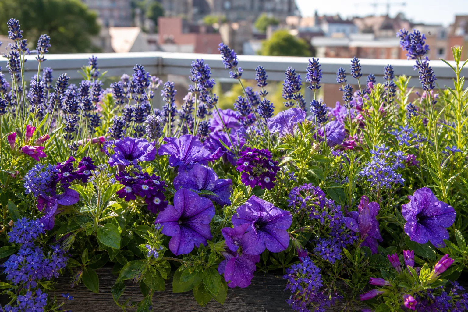 Balkonkasten mit blau-lila blühenden Balkonblumen in sattem Farbkonzept
