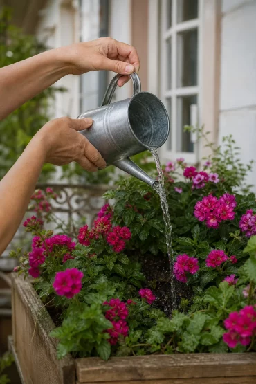 Hände gießen blühenden Blumenkasten im Schatten mit Gießkanne