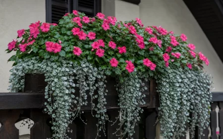 Blumenkasten für Schatten mit pinkem Fleißigem Lieschen und Silberregen