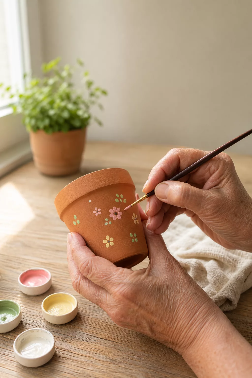 Hände bemalen einen Terrakotta-Blumentopf mit Frühlingsmuster