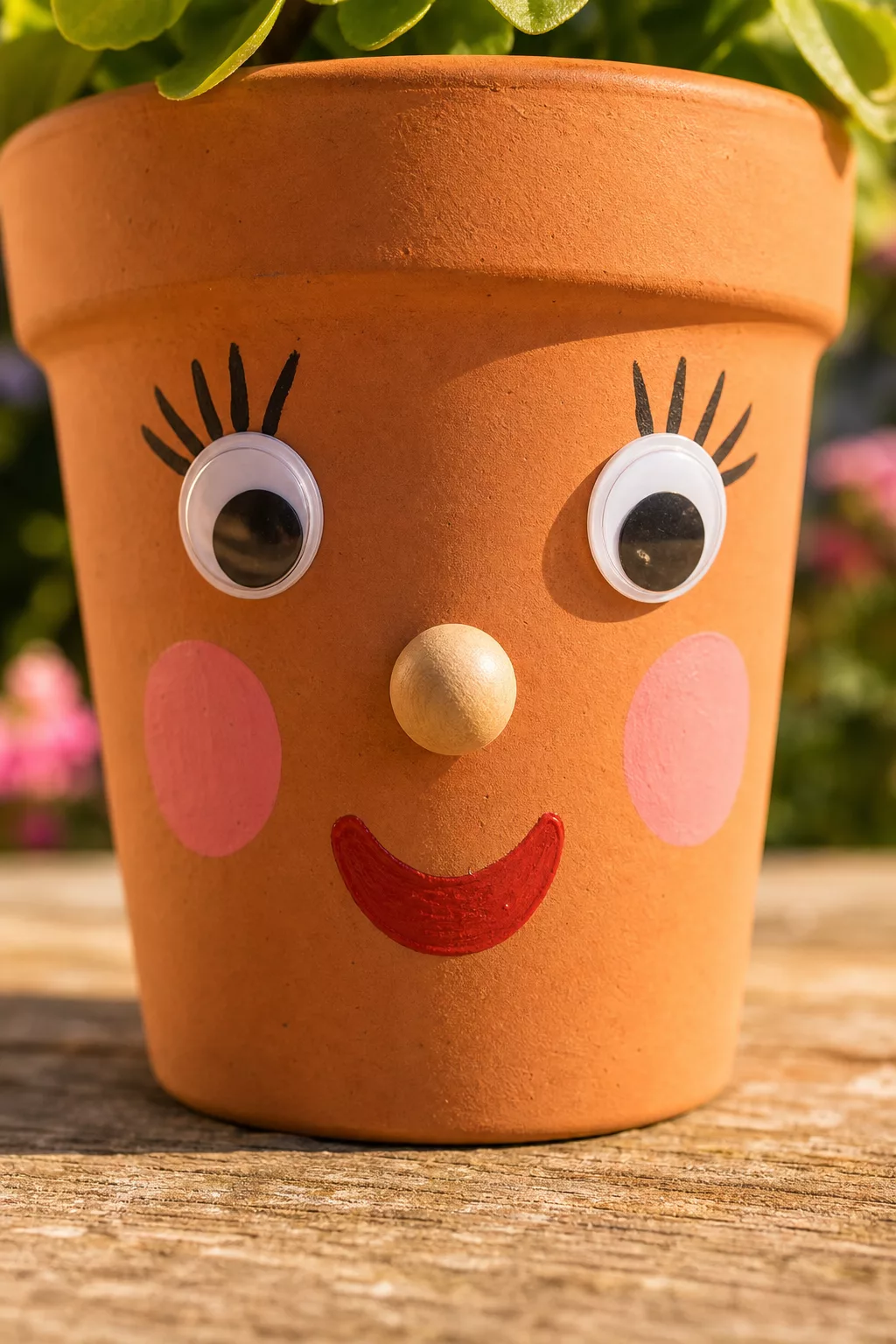 Wackelaugen, Nase und bemalte Lippen am Blumentopf im Detail