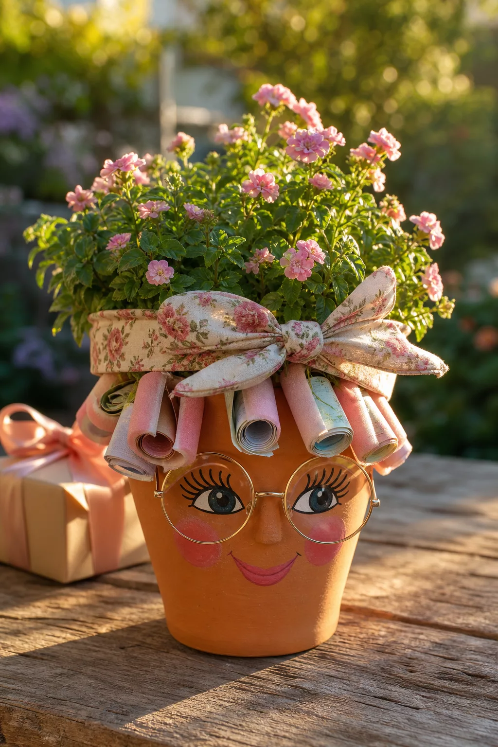 Blumentopf mit Gesicht, Schleife und rosa Blüten als Geburtstagsgeschenk