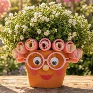 Blumentopf mit Gesicht, Brille und Geldschein-Locken als Geschenk zum Ruhestand