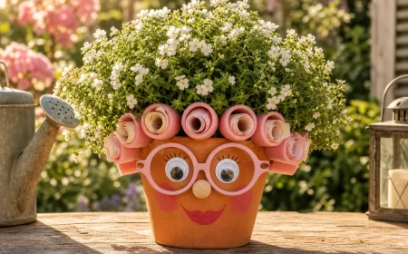 Blumentopf mit Gesicht, Brille und Geldschein-Locken als Geschenk zum Ruhestand