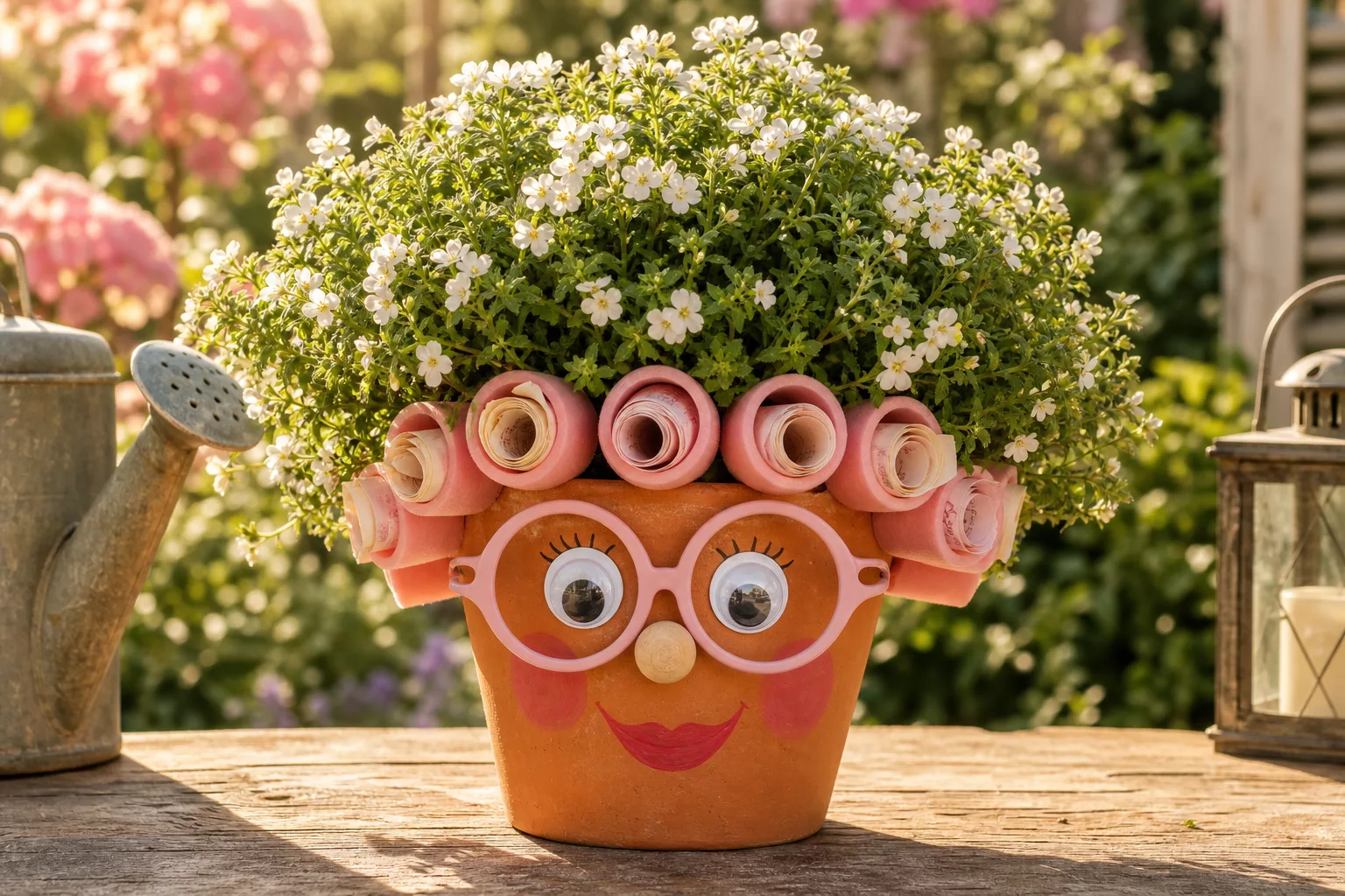 Blumentopf mit Gesicht, Brille und Geldschein-Locken als Geschenk zum Ruhestand