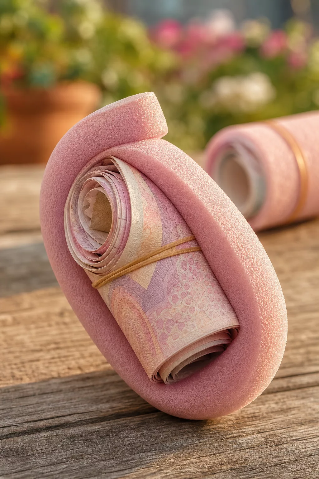 Rosa Haarwickler mit gerolltem Geldschein-Papier als Lockenersatz