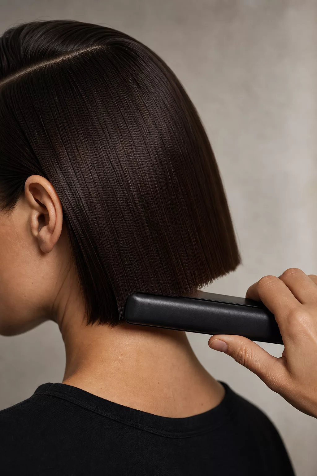 Blunt Bob mit tiefem Seitenscheitel und scharf geglätteter Kontur
