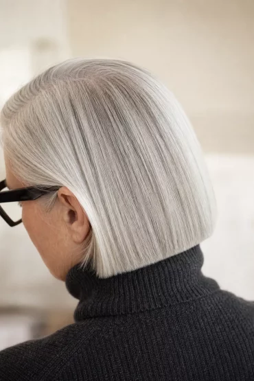 Silberner Blunt Bob ab 60 mit Brille und eckigem Gestell