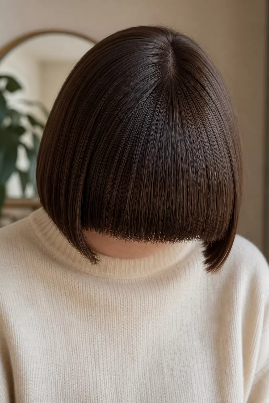 Blunt Bob mit stumpfem, geradem Pony und glatter Kontur