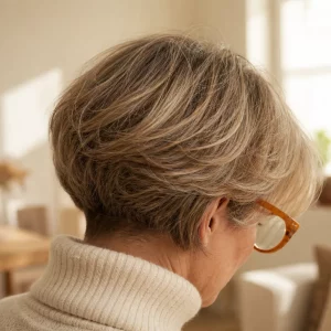 Gestufter Bob ab 60 mit auffälliger Brille im Seitenprofil